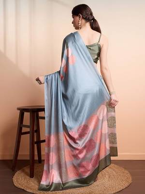 Green printed satin fashion saree with blouse piece 2