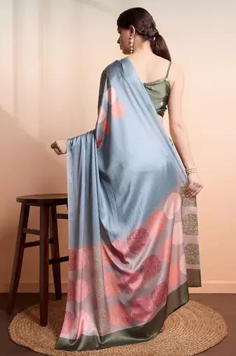 Green printed satin fashion saree with blouse piece