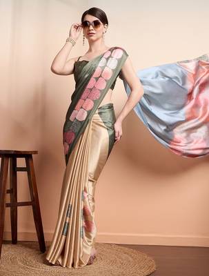 Green printed satin fashion saree with blouse piece 3