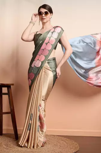 Green printed satin fashion saree with blouse piece