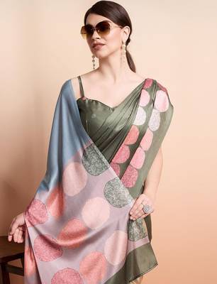 Green printed satin fashion saree with blouse piece 4