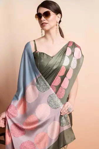 Green printed satin fashion saree with blouse piece