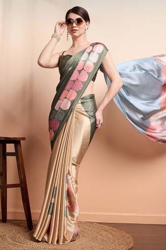 Green printed satin fashion saree with blouse piece