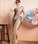 Green printed satin fashion saree with blouse piece