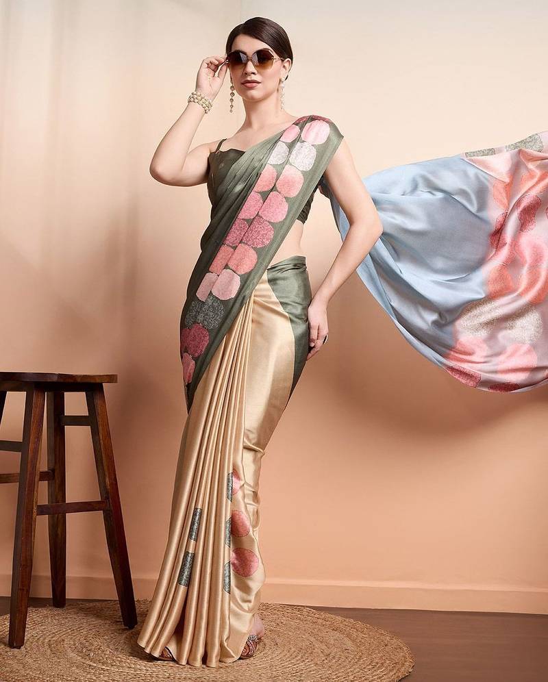 Green printed satin fashion saree with blouse piece