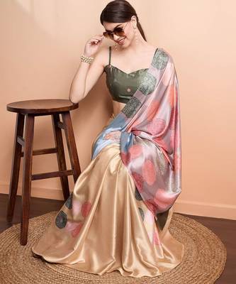 Green printed satin fashion saree with blouse piece 2