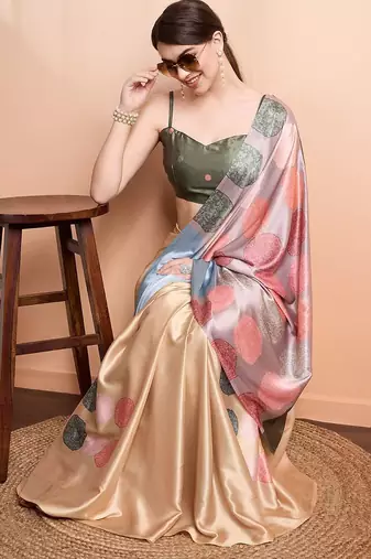 Green printed satin fashion saree with blouse piece