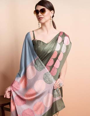 Green printed satin fashion saree with blouse piece 3