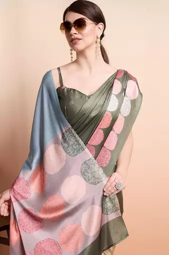 Green printed satin fashion saree with blouse piece