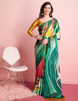 Green printed satin fashion saree with blouse piece 1
