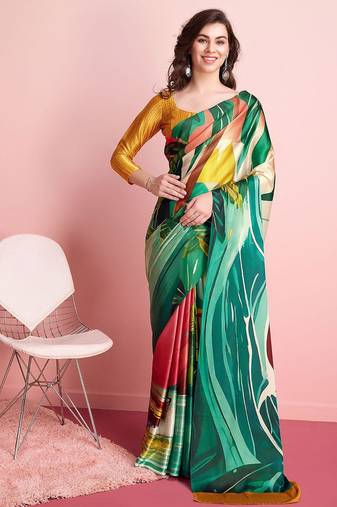 Green printed satin fashion saree with blouse piece