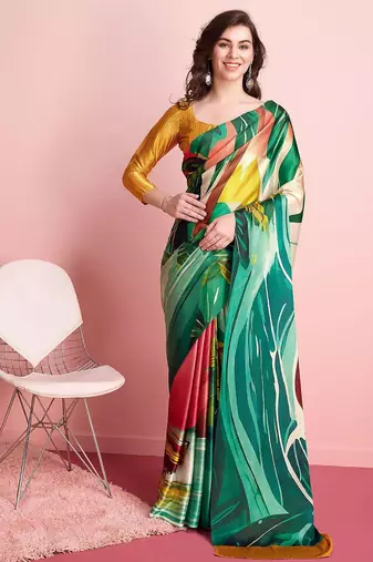 Green printed satin fashion saree with blouse piece