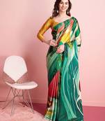 Green printed satin fashion saree with blouse piece