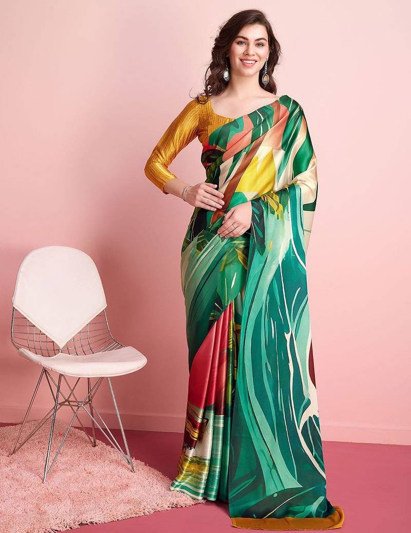 Green printed satin fashion saree with blouse piece