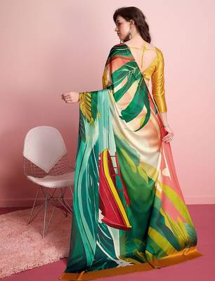 Green printed satin fashion saree with blouse piece 2