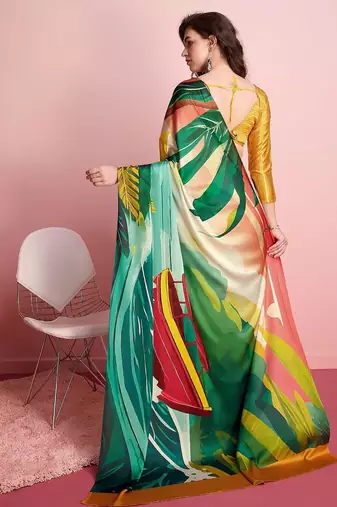 Green printed satin fashion saree with blouse piece