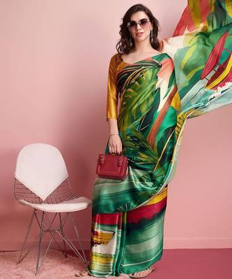 Green printed satin fashion saree with blouse piece 3