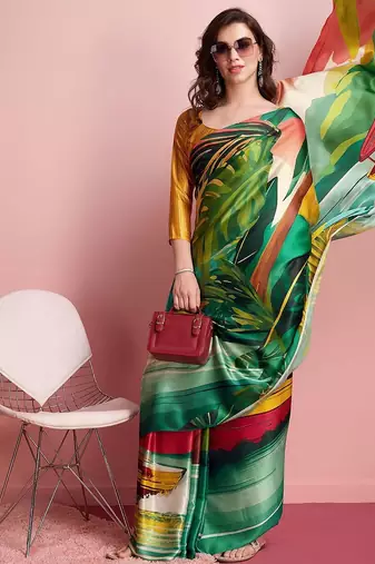 Green printed satin fashion saree with blouse piece