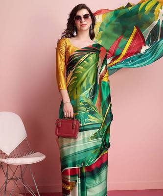 Green printed satin fashion saree with blouse piece 4