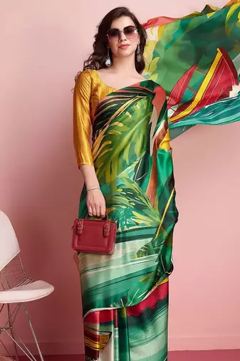 Green printed satin fashion saree with blouse piece