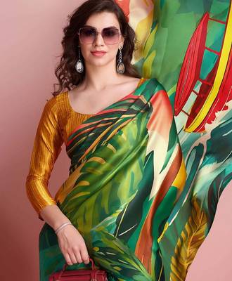 Green printed satin fashion saree with blouse piece 5
