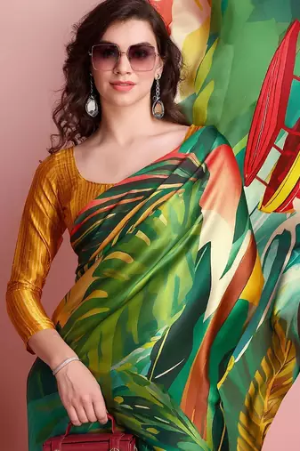 Green printed satin fashion saree with blouse piece