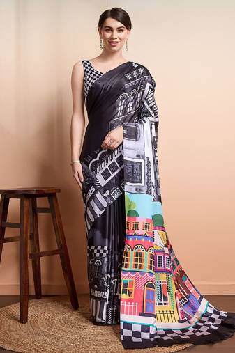 Black printed satin fashion saree with blouse piece