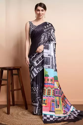 Black printed satin fashion saree with blouse piece