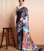 Black printed satin fashion saree with blouse piece