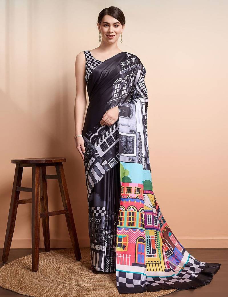 Black printed satin fashion saree with blouse piece