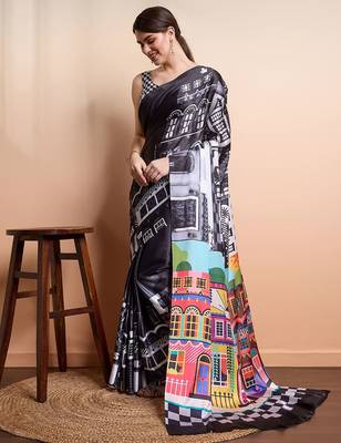 Black printed satin fashion saree with blouse piece 2
