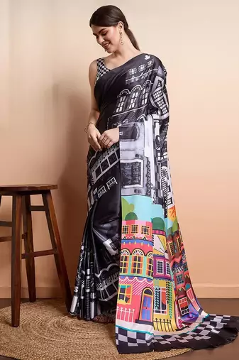 Black printed satin fashion saree with blouse piece