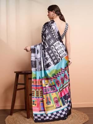 Black printed satin fashion saree with blouse piece 3