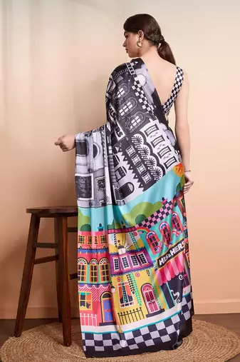 Black printed satin fashion saree with blouse piece