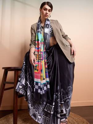 Black printed satin fashion saree with blouse piece 4