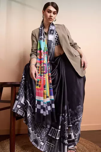 Black printed satin fashion saree with blouse piece
