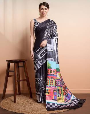 Black printed satin fashion saree with blouse piece 1