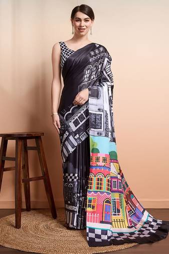 Black printed satin fashion saree with blouse piece