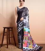 Black printed satin fashion saree with blouse piece