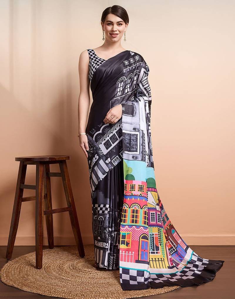 Black printed satin fashion saree with blouse piece