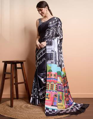 Black printed satin fashion saree with blouse piece 2