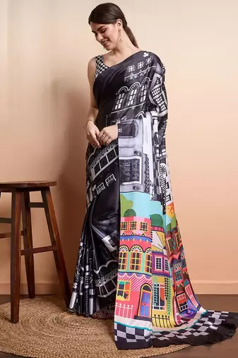 Black printed satin fashion saree with blouse piece