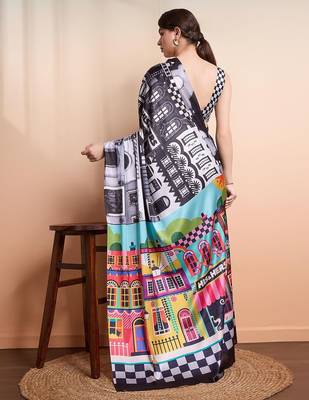 Black printed satin fashion saree with blouse piece 3