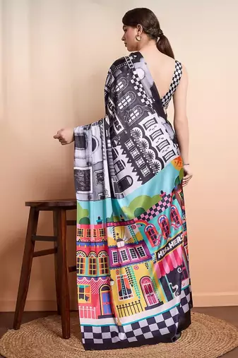 Black printed satin fashion saree with blouse piece