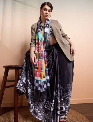 Black printed satin fashion saree with blouse piece 4