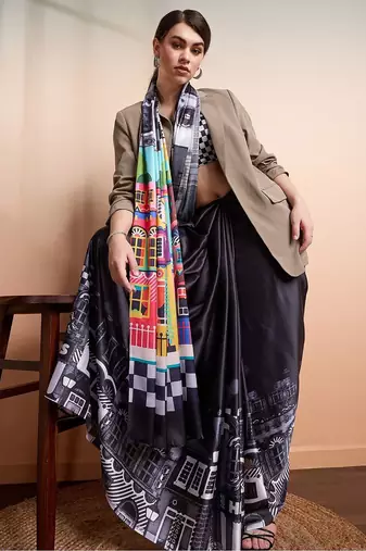 Black printed satin fashion saree with blouse piece