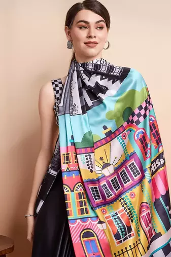 Black printed satin fashion saree with blouse piece