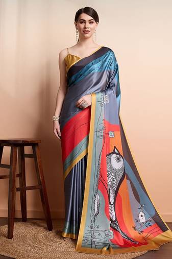 Grey printed satin fashion saree with blouse piece