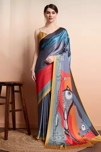 Grey printed satin fashion saree with blouse piece