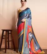 Grey printed satin fashion saree with blouse piece